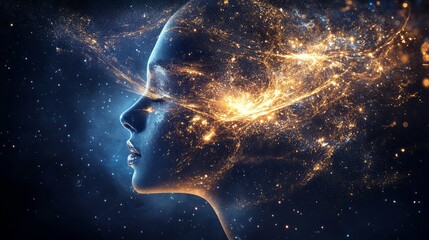 Wall Mural - the concept of the big bang in the echo of the human mind. a profile of a beautiful woman made out o