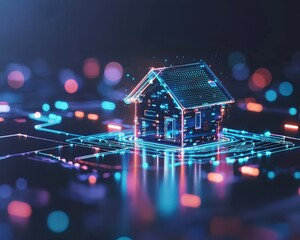 Poster - A futuristic bank presenting a floating home loan application.