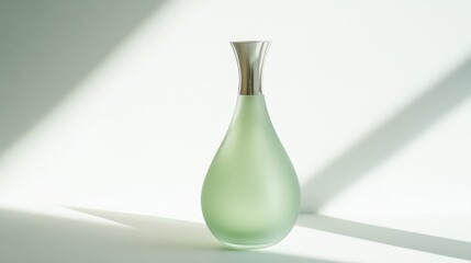 Poster - A delicate glass vase stands gracefully in a well-lit indoor space. The soft green color contrasts beautifully with the sleek silver neck, creating a serene atmosphere