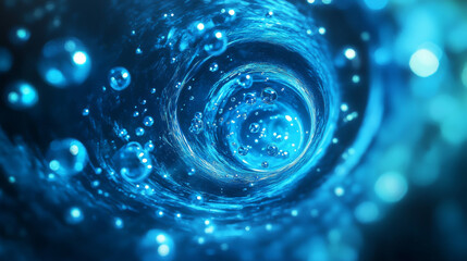 Wall Mural - Luminous bubble swirl effects in blue color with transparent spheres along curved paths. Glowing spiral trails with floating orbs. Magical underwater fantasy whirlpool elements with detergent foam.