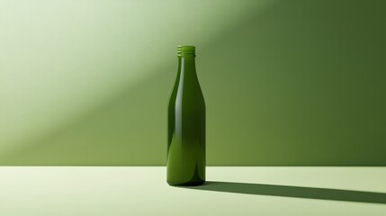 Poster - A green glass bottle occupies a minimalist setting with a matching green background. The soft lighting emphasizes its contours and creates a shadow on the surface