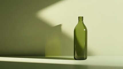 Poster - A green glass bottle stands alone on a white surface, illuminated by soft natural light. The shadows create an abstract pattern, enhancing the bottle's design and simplicity