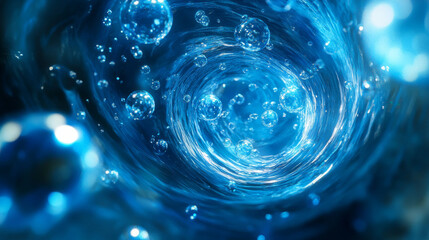 Wall Mural - Luminous bubble swirl effects in blue color with transparent spheres along curved paths. Glowing spiral trails with floating orbs. Magical underwater fantasy whirlpool elements with detergent foam.