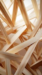 Poster - A complex network of wooden sticks forms an artistic structure with overlapping lines and textures, illuminated by soft light, highlighting the natural grain of the wood