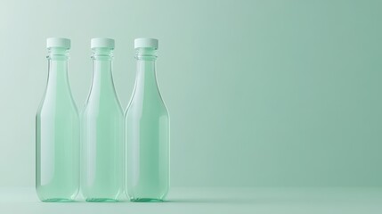 Poster - Three transparent glass bottles sit in a row against a soft green background. Their simple design highlights their clarity and elegance in a calm environment