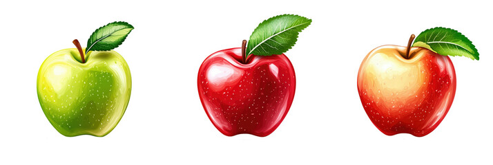 Poster - Colorful apples: green, red, yellow varieties with leaves, shiny skin, fresh appearance, isolated on transparent background, png