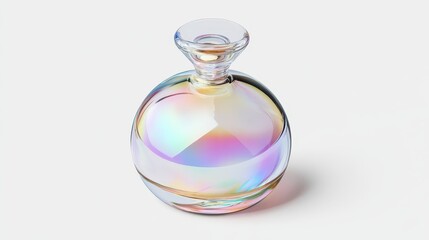 Poster - A round glass bottle stands on a smooth surface, reflecting various colors illuminated by light. Its iridescent surface creates a captivating visual effect, drawing attention