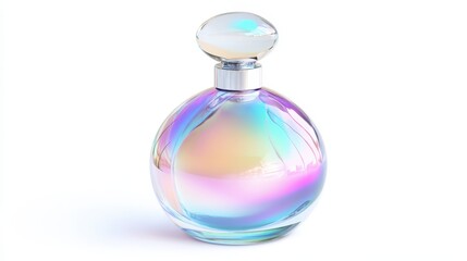 Poster - A round glass perfume bottle displays a stunning spectrum of colors, shimmering with iridescent reflections. The elegant design features a round cap, set against a bright background