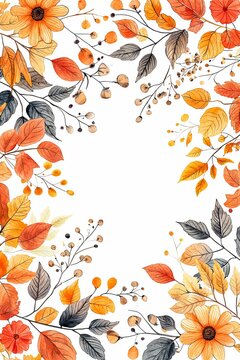 Vertical Border, frame of autumn leaves, flowers and branches. Nature, autumn season.
