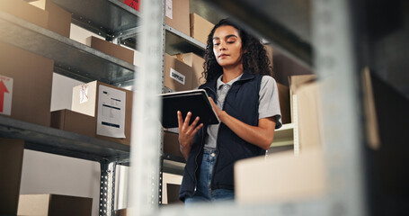 Poster - Inspection, woman and checklist with tablet for delivery, distribution or quality control for ecommerce. Small business, warehouse and supply chain employee for planning, shipping or supplier stock