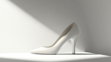 Poster - A stylish white high heel shoe is elegantly displayed on a pedestal. The contrasting light creates intriguing shadows, emphasizing the shoe's sleek design and modern aesthetic