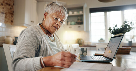 Budget, laptop and senior woman with documents in home for asset management, life insurance application or taxes. Financial planning, person or writing on paperwork for retirement funds or investment
