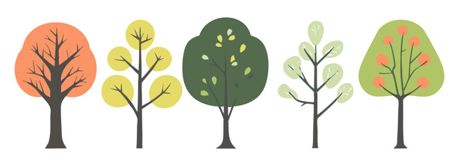 Set of tree and leaf collection hand drawn flat design vector element. botanical set of bare trees and ones with leaves and lush green