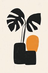 Poster - An abstract design showcases a stylized plant with wide black leaves next to two geometric shapes. The artwork blends bold colors of black and orange against a soft cream background