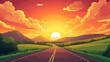 © Qaqas - Road at sunset perspective view, summer nature landscape with sun behind the hills, orange sky with red fluffy clouds. Empty asphalted highway going along green fields, Cartoon vector illustration