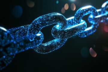 Wall Mural - 3d render of a chain from one blue, glowing hologram link on a dark background with a bokeh effect