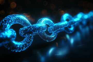 Wall Mural - 3d render of a chain from one blue, glowing hologram link on a dark background with a bokeh effect