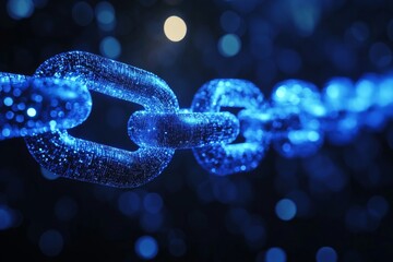 Wall Mural - 3d render of a chain from one blue, glowing hologram link on a dark background with a bokeh effect