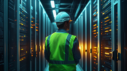 Poster - Technician in safety vest and hardhat, back view, standing in server room corridor, illuminated by glowing server racks, showcasing data center maintenance or technology concept