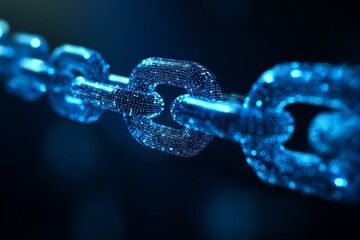 Wall Mural - 3d render of a chain from one blue, glowing hologram link on a dark background with a bokeh effect