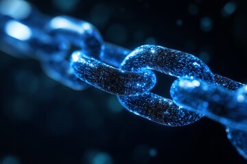 Wall Mural - 3d render of a chain from one blue, glowing hologram link on a dark background with a bokeh effect