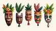 © Qaqas - Cartoon tiki mask collection. Hawaiian tribal totem head decorated with leaves and feathers. Vector illustration set of african or polynesian traditional wooden face. Ancient culture ritual element.