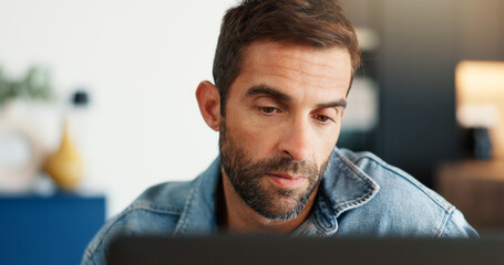 Aufkleber - Laptop, problem solving and remote work with man in home for online report or planning. Computer, email and freelance career with entrepreneur reading info in apartment for small business startup