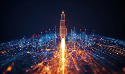 Poster - Rocket launch with digital cityscape background, vibrant colors, futuristic design, glowing lines, and particles