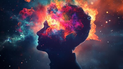 Wall Mural - the concept of the big bang in the echo of the human mind. a human silhouette with a colorful nebula