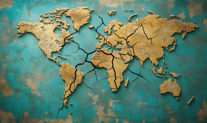 Poster - Cracked world map, textured design, highlights continents, artistic representation of geography, blue background, intricate details