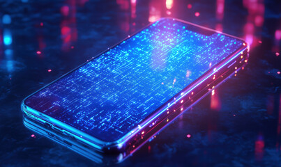 Poster - smartphone with glowing digital interface, vibrant blue and pink lights, abstract technology backgro