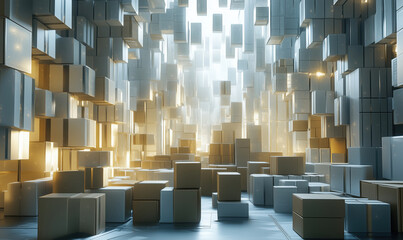 Poster - Abstract 3D space filled with glowing boxes, light beams illuminating environment, futuristic design, reflective surfaces, geometric arrangement
