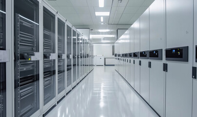 Poster - data center with server racks and storage cabinets, modern technology environment, clean and organiz