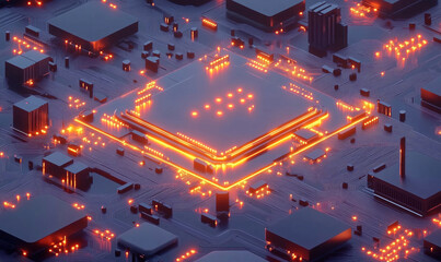 Poster - Futuristic circuit board with glowing processor, intricate design, vibrant orange lights, modern technology, digital landscape