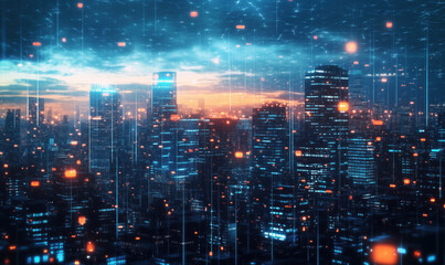 Poster - Futuristic city skyline at dusk with digital overlay, glowing lights, skyscrapers, and vibrant colors