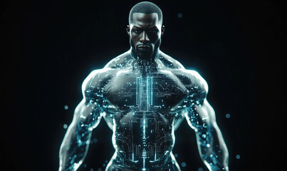 Poster - Futuristic cyborg with glowing circuitry, muscular physique, detailed digital patterns, dark background, high-tech design