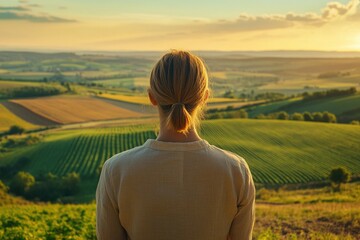 Aufkleber - Woman admires breathtaking sunset over rolling hills and vibrant green fields.
