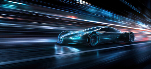 Poster - Futuristic sports car speeding through neon-lit cityscape, showcasing sleek design and advanced technology, dynamic motion blur effects, copy space for text