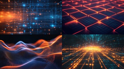 Abstract tech backgrounds; digital, network, data, grid, wave, particle, light.