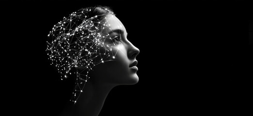 Poster - Artificial Intelligence Concept with Human Profile and Neural Network Connections in Black and White, copy space for text