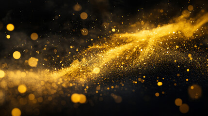 Wall Mural - Gold magic spray, fairy glitter dust with golden particles trace. Stardust trails, glow waves with sparks and smoke. Yellow shining shimmer on black background Realistic 3d vector isolated clipart set