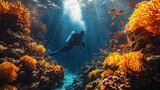 A scuba diver explores a colorful coral reef illuminated by sunbeams, creating a mesmerizing underwater scene filled with marine life and tranquility.