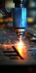 Poster - industrial machine cutting metal with blue laser precision engineering and manufacturing technology