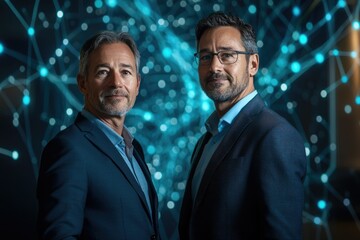 Poster - Two confident businessmen stand against a dynamic blue network backdrop, symbolizing innovation and partnership.