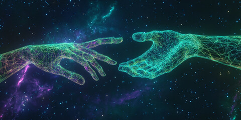 Poster - Two glowing, wireframe hands reach towards each other against a cosmic nebula background, symbolizing connection, unity, or reaching out for help