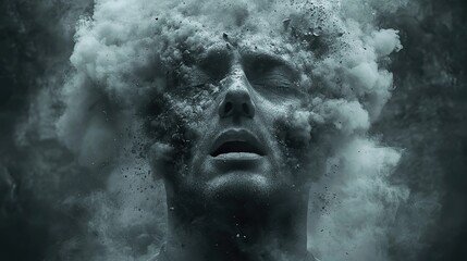 Wall Mural - a surreal image shows a businessman's head exploding with dark smoke and particles, representing str