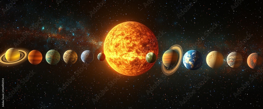 Solar system planets aligned, showing sizes and colors against a starry ...