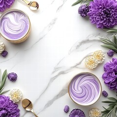 Poster - Delicate arrangement of purple flowers next to shiny gold spoons on a soft textured background