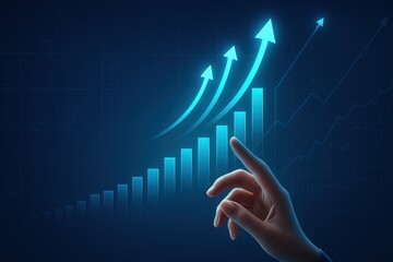 Poster - Navigating Growth: A human hand interacting with a digital financial graph, with arrows symbolizing upward movement in a modern and elegant style.