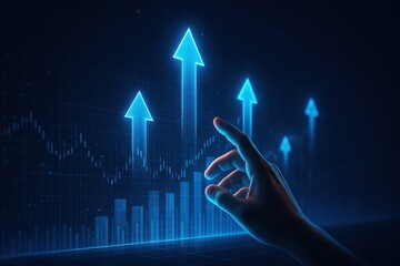 Poster - Reaching New Heights: A hand gestures towards upward-trending charts and arrows, symbolizing growth, progress, and the potential for success.